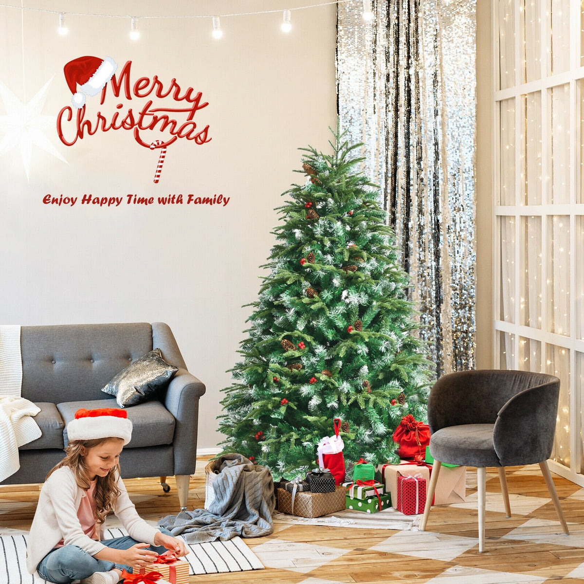 Pre-Lit Snowy Christmas Hinged Tree with Flash Modes and Multi-Color Lights-5 ft view 7