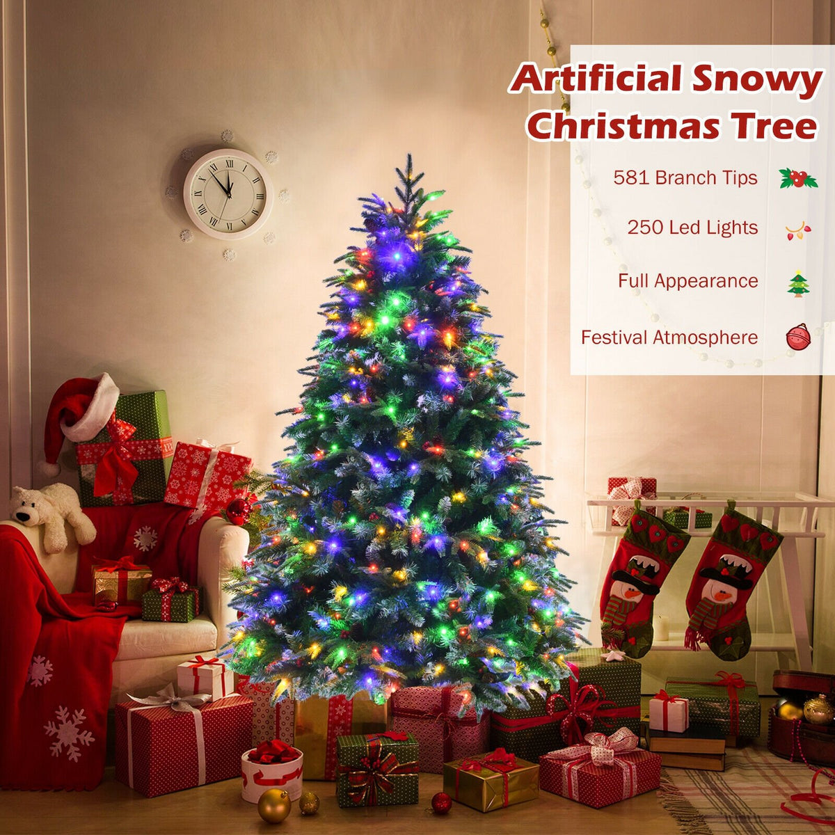 Pre-Lit Snowy Christmas Hinged Tree with Flash Modes and Multi-Color Lights-5 ft view 8
