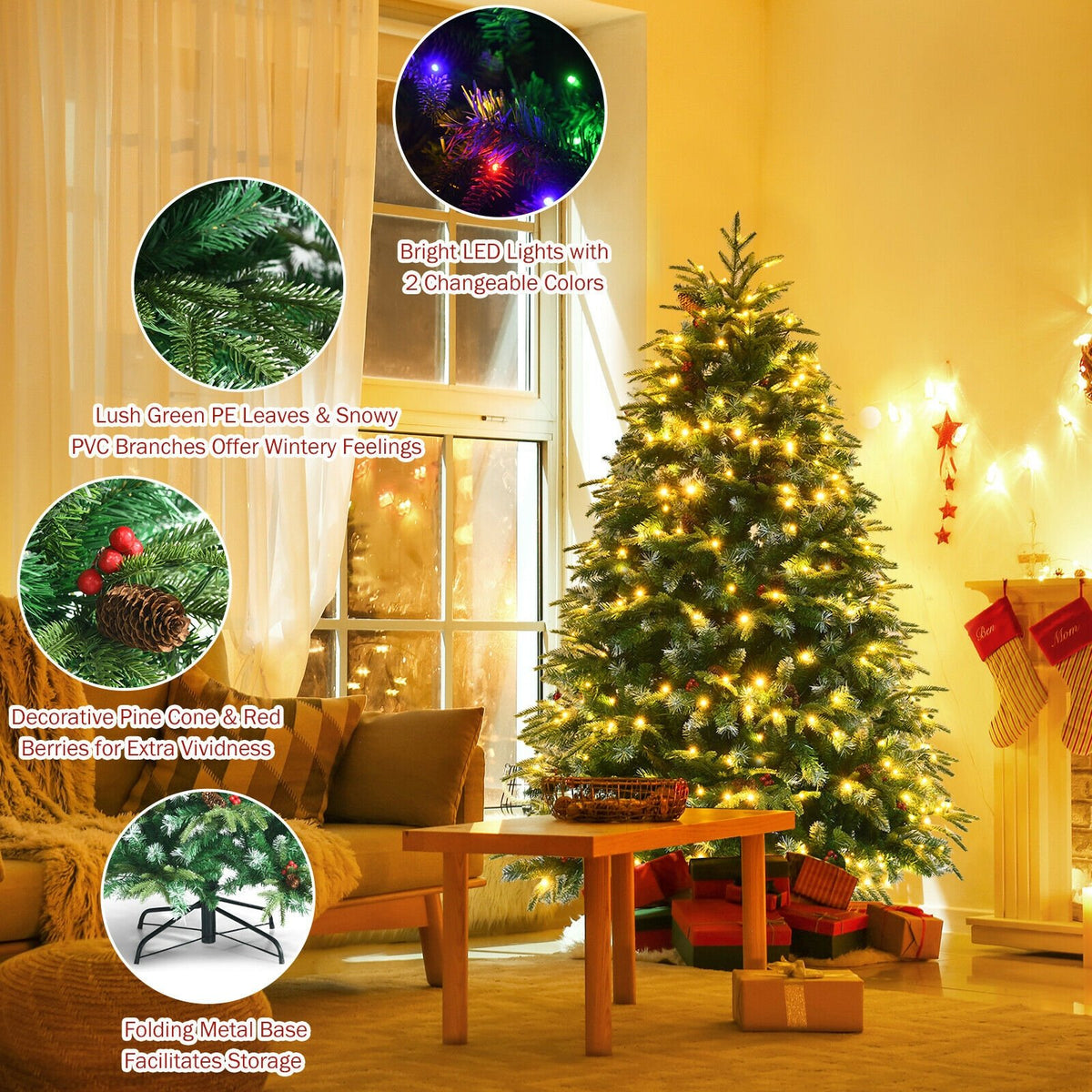 Pre-Lit Snowy Christmas Hinged Tree with Flash Modes and Multi-Color Lights-5 ft view 9