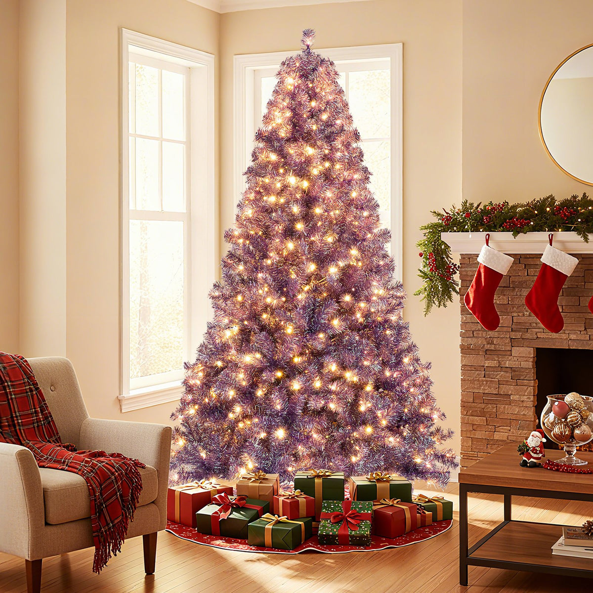 Pre-Lit Tinsel Christmas Tree Artificial Xmas Tree with Lush Branch Tips and Warm White LED Lights-7.5ft view 2
