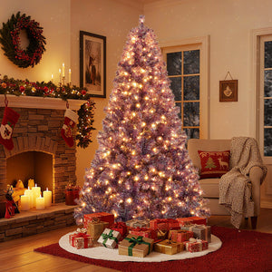 Pre-Lit Tinsel Christmas Tree Artificial Xmas Tree with Lush Branch Tips and Warm White LED Lights-7.5ft view 3