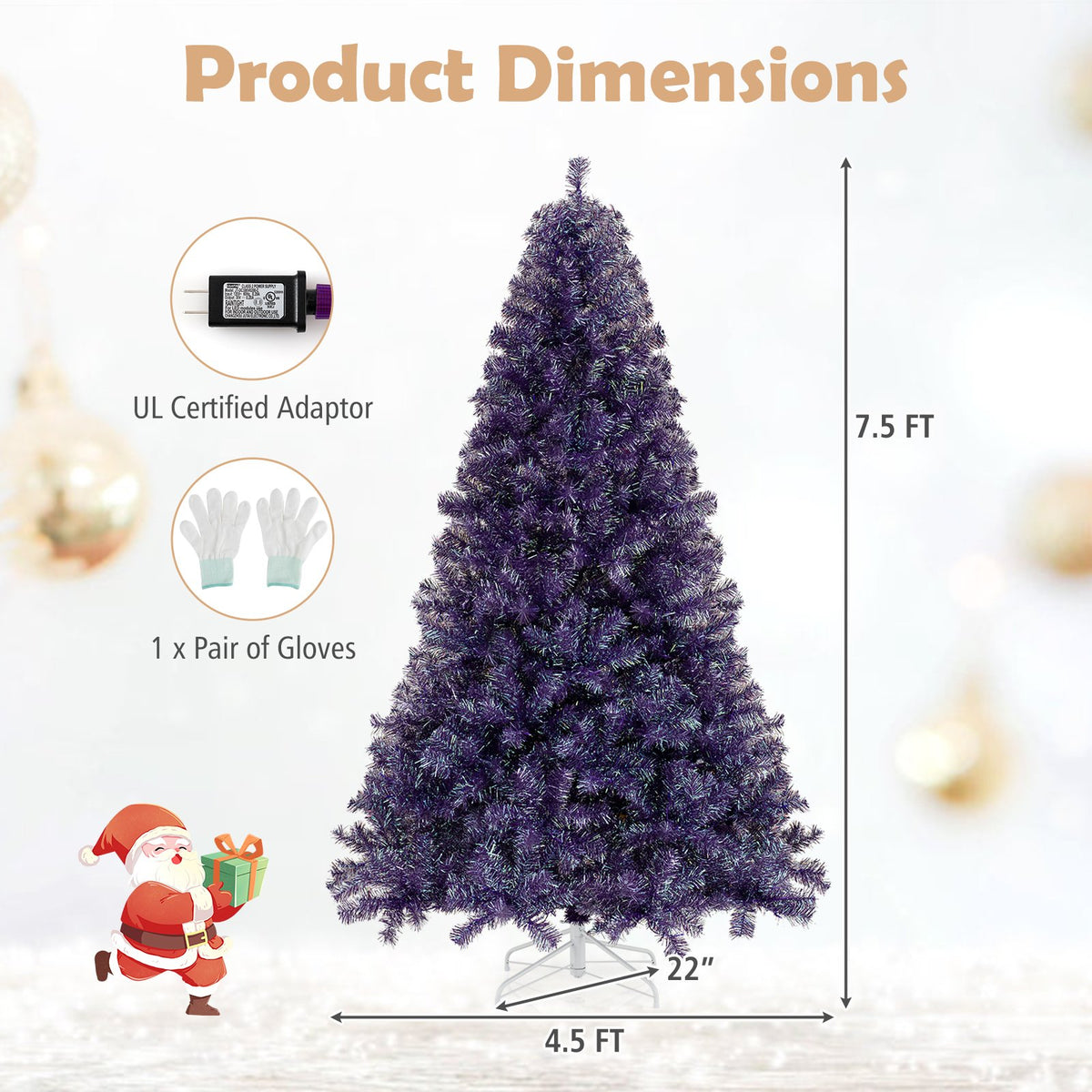 Pre-Lit Tinsel Christmas Tree Artificial Xmas Tree with Lush Branch Tips and Warm White LED Lights-7.5ft view 4
