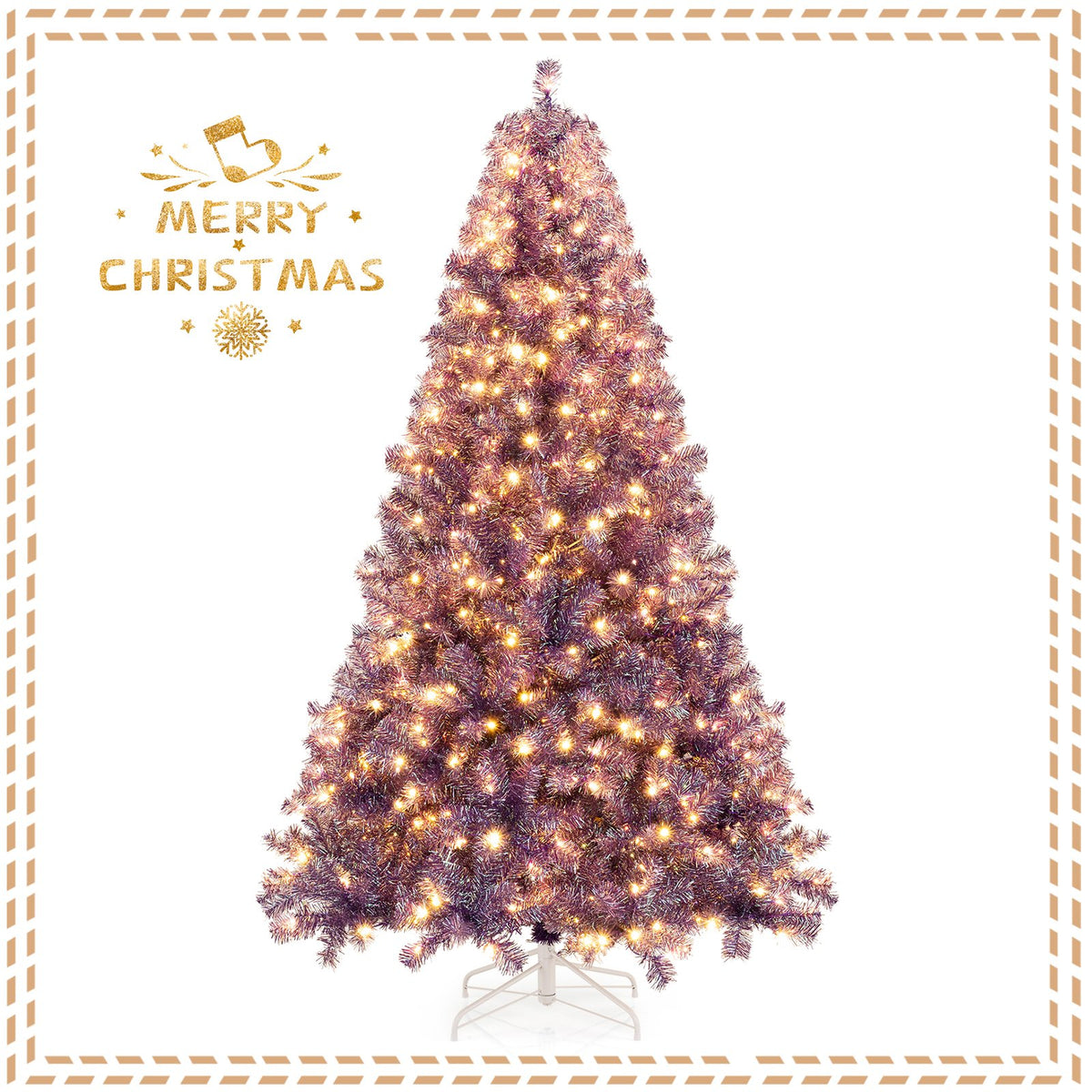 Pre-Lit Tinsel Christmas Tree Artificial Xmas Tree with Lush Branch Tips and Warm White LED Lights-7.5ft view 5