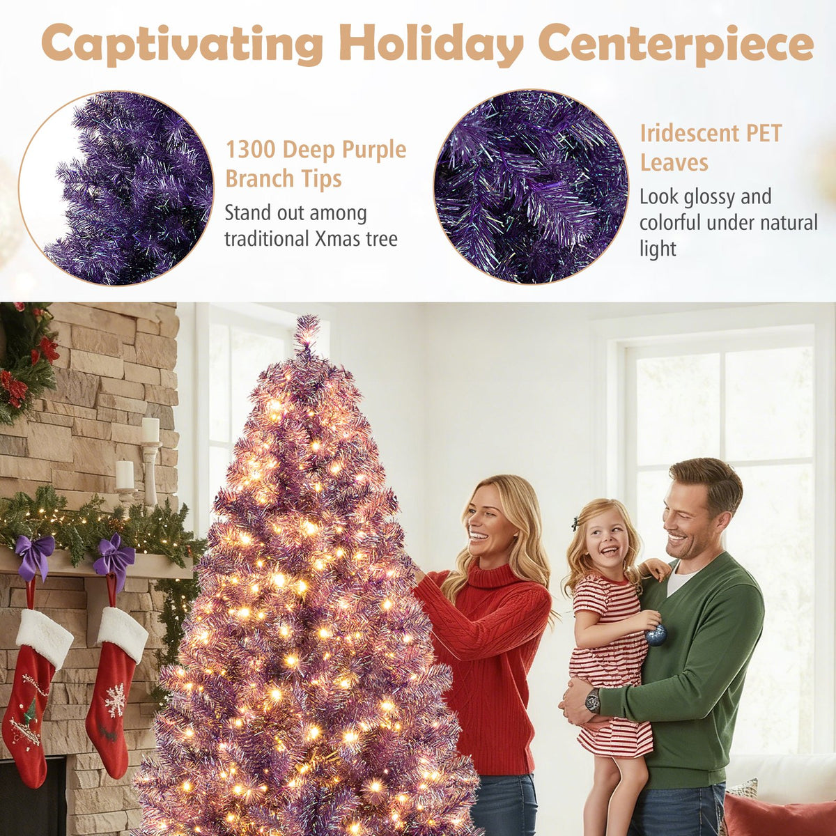 Pre-Lit Tinsel Christmas Tree Artificial Xmas Tree with Lush Branch Tips and Warm White LED Lights-7.5ft view 7