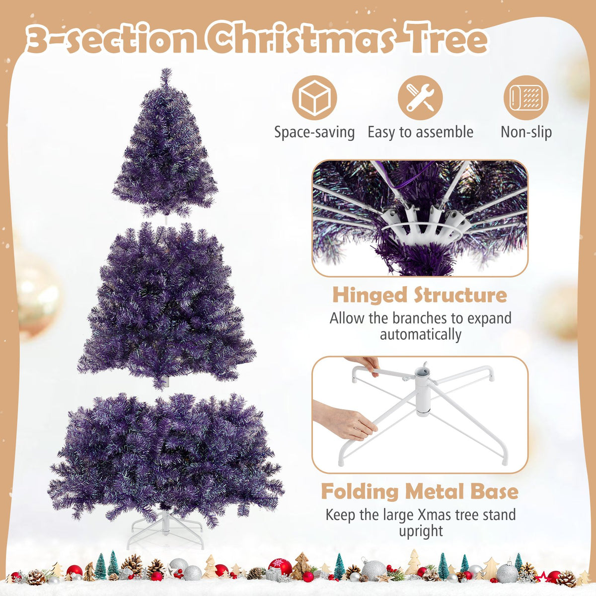 Pre-Lit Tinsel Christmas Tree Artificial Xmas Tree with Lush Branch Tips and Warm White LED Lights-7.5ft view 9