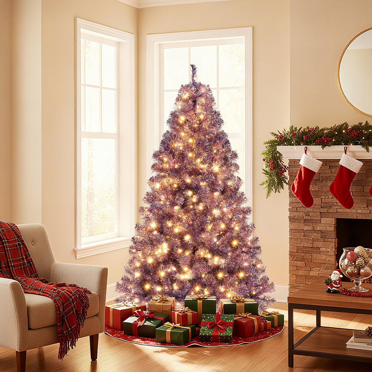 Pre-Lit Tinsel Christmas Tree Artificial Xmas Tree with Lush Branch Tips and Warm White LED Lights-6ft view 2