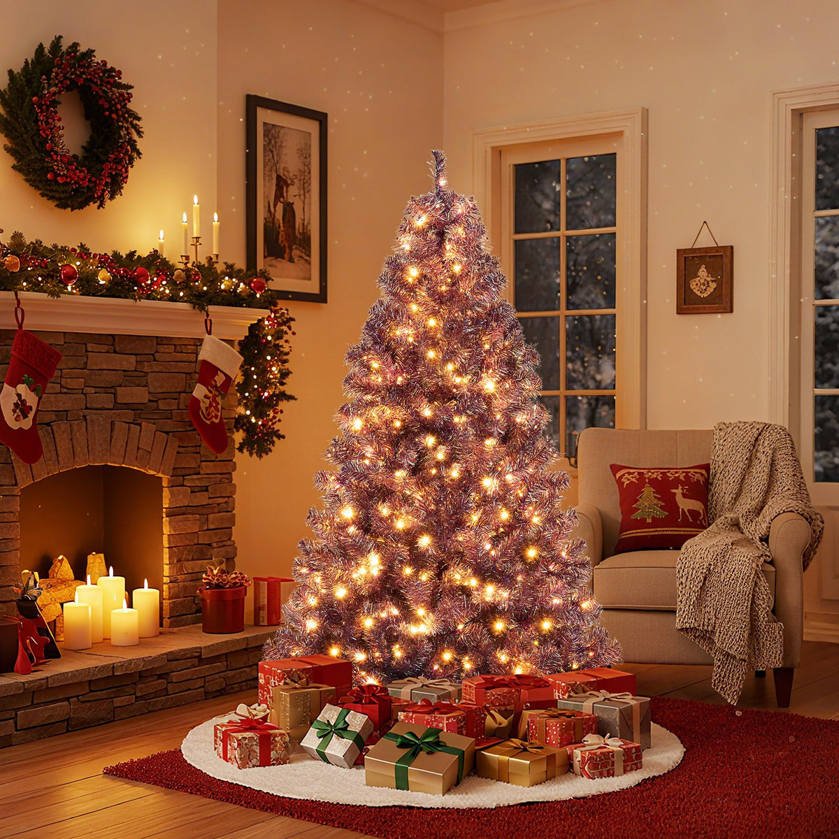 Pre-Lit Tinsel Christmas Tree Artificial Xmas Tree with Lush Branch Tips and Warm White LED Lights-6ft view 3