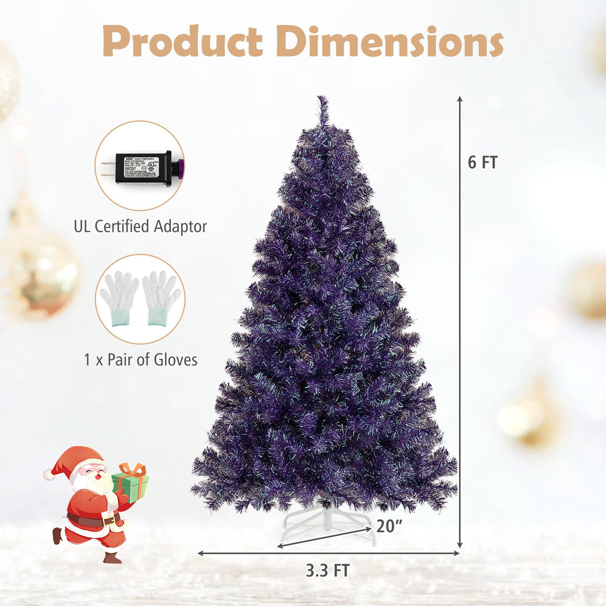 Pre-Lit Tinsel Christmas Tree Artificial Xmas Tree with Lush Branch Tips and Warm White LED Lights-6ft view 4