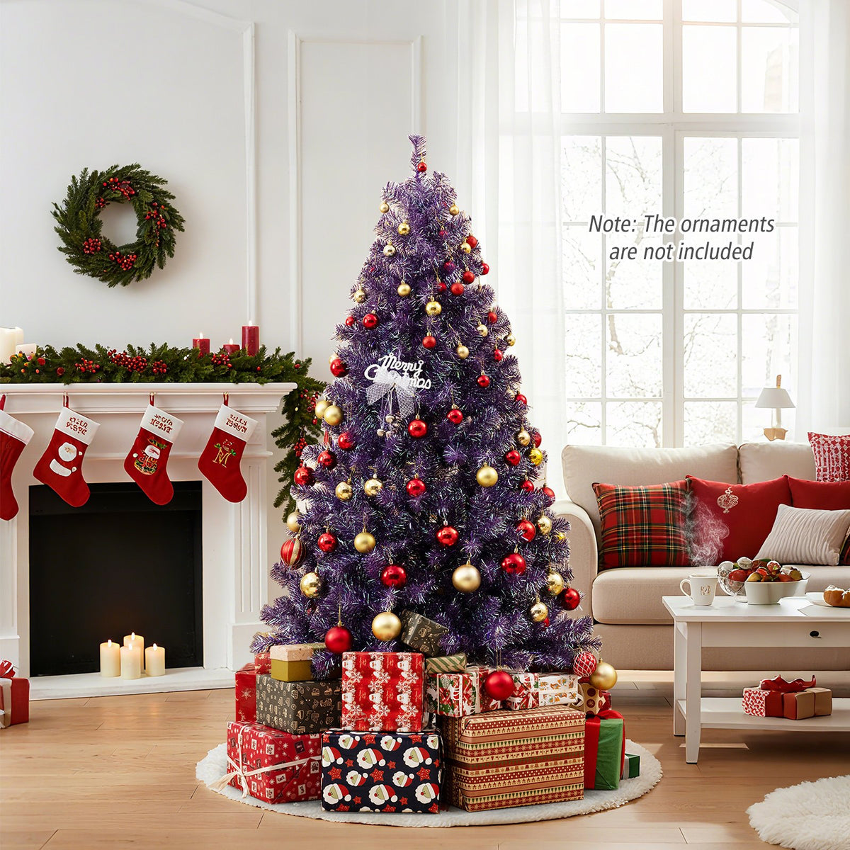 Pre-Lit Tinsel Christmas Tree Artificial Xmas Tree with Lush Branch Tips and Warm White LED Lights-6ft view 6