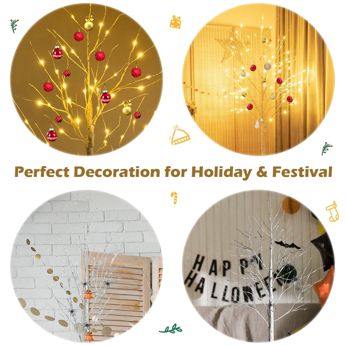Pre-lit White Twig Birch Tree for Christmas Holiday with LED Lights-6 ft view 5