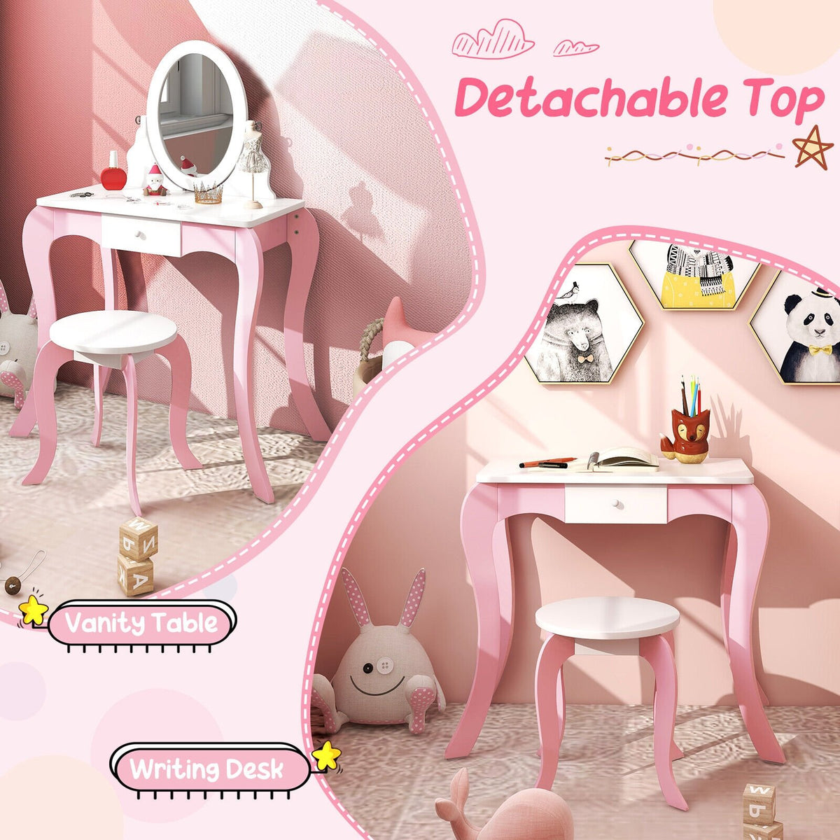 Pretend Kids Vanity Set with 360° Rotatable Mirror and Play Accessories view 2