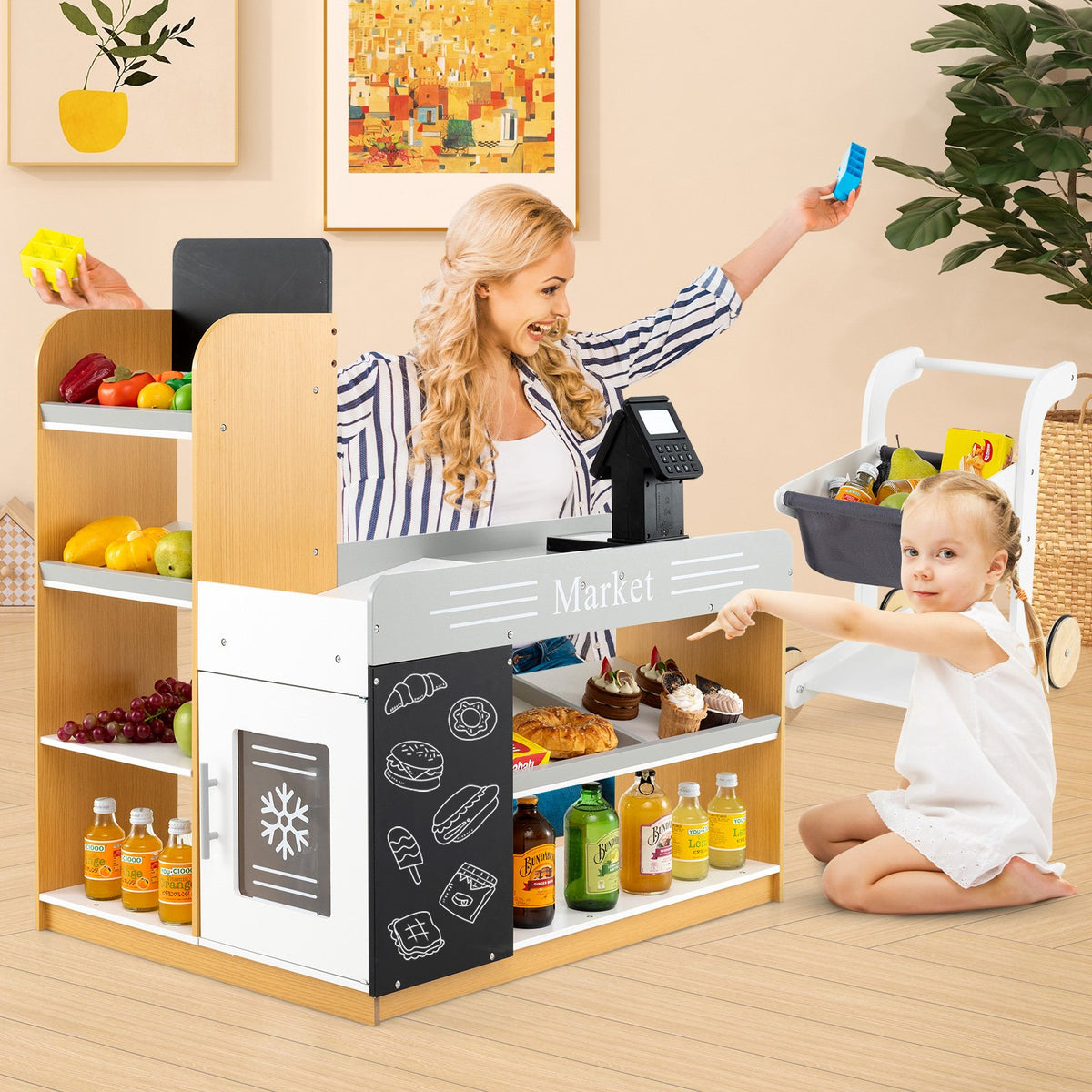 Pretend Play Grocery Store Set with Shopping Cart and 2 Chalkboards-White view 3