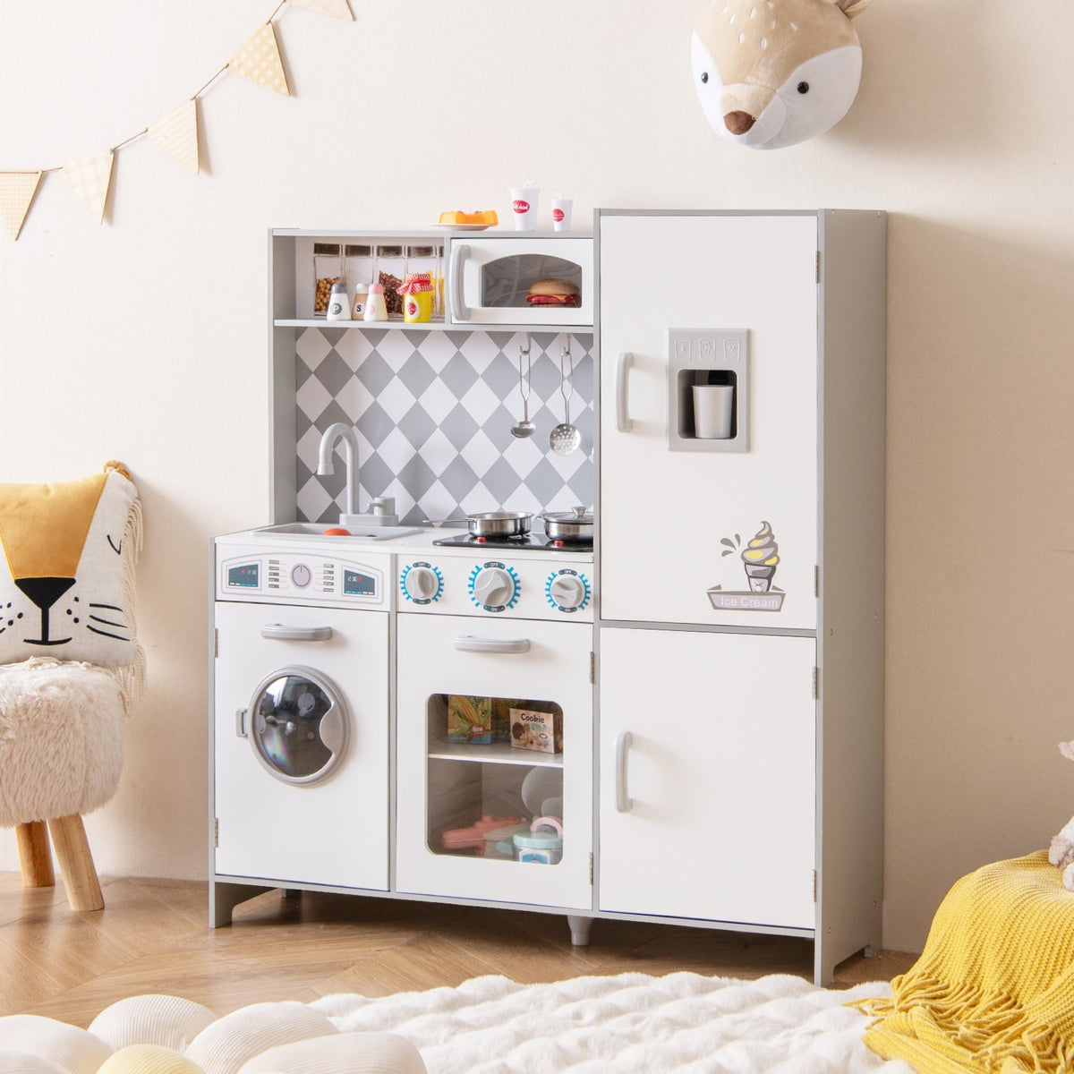 Pretend Play Kitchen for Kids Aged 3+ with Real Sounds and Lights-White view 2