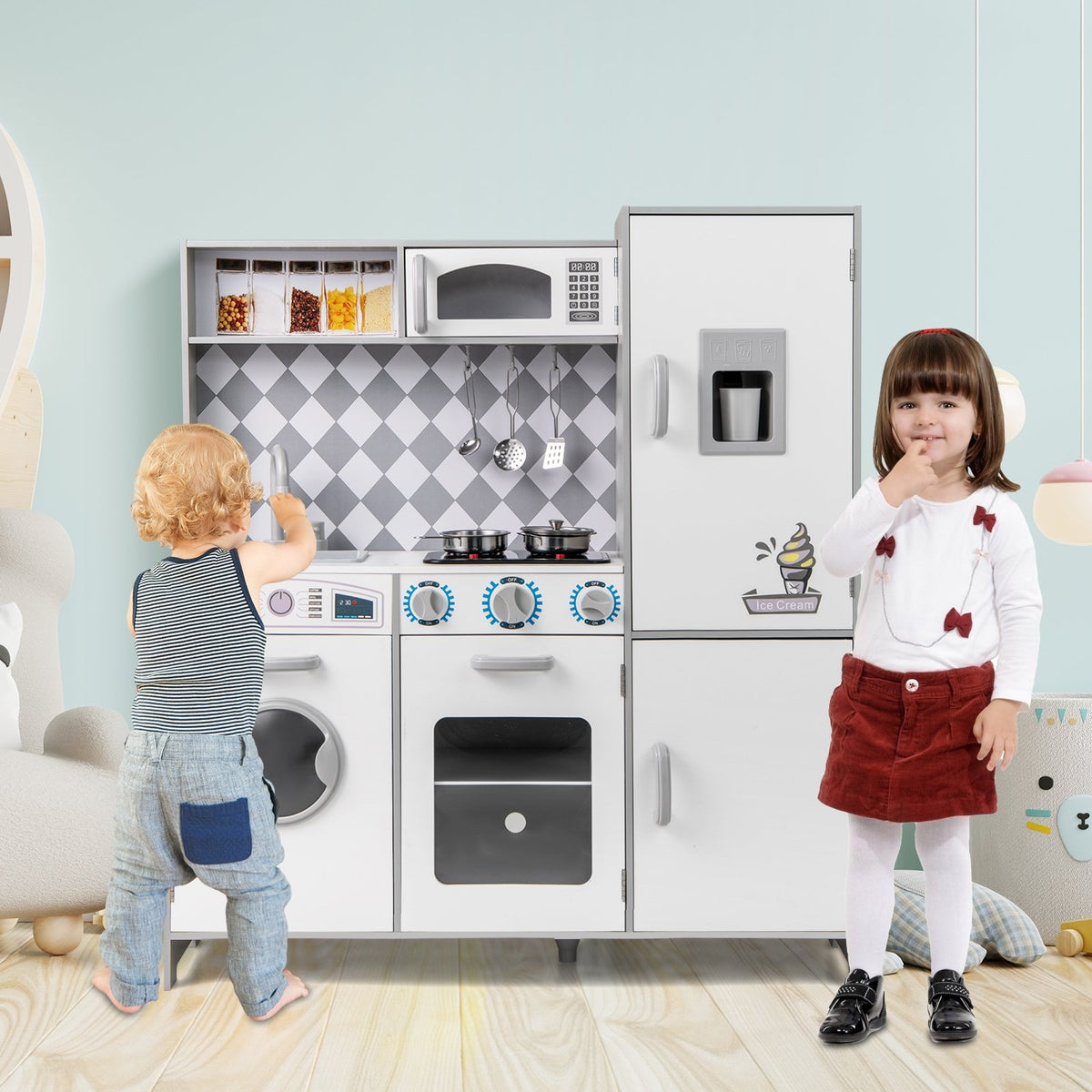 Pretend Play Kitchen for Kids Aged 3+ with Real Sounds and Lights-White view 3