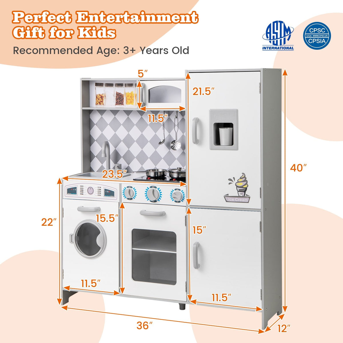 Pretend Play Kitchen for Kids Aged 3+ with Real Sounds and Lights-White view 5