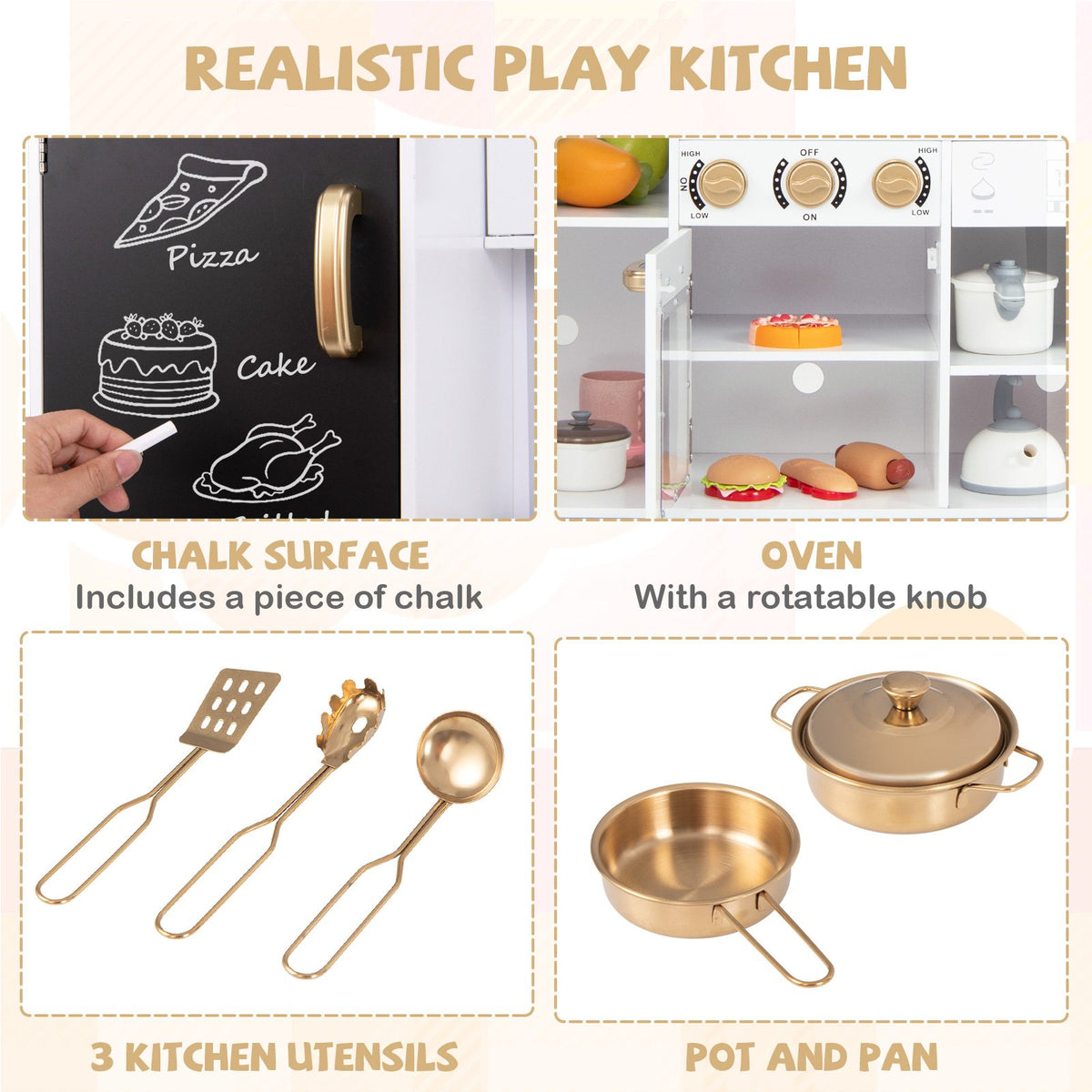 Pretend Play Kitchen for Kids with Real Sounds and Lights-White view 6