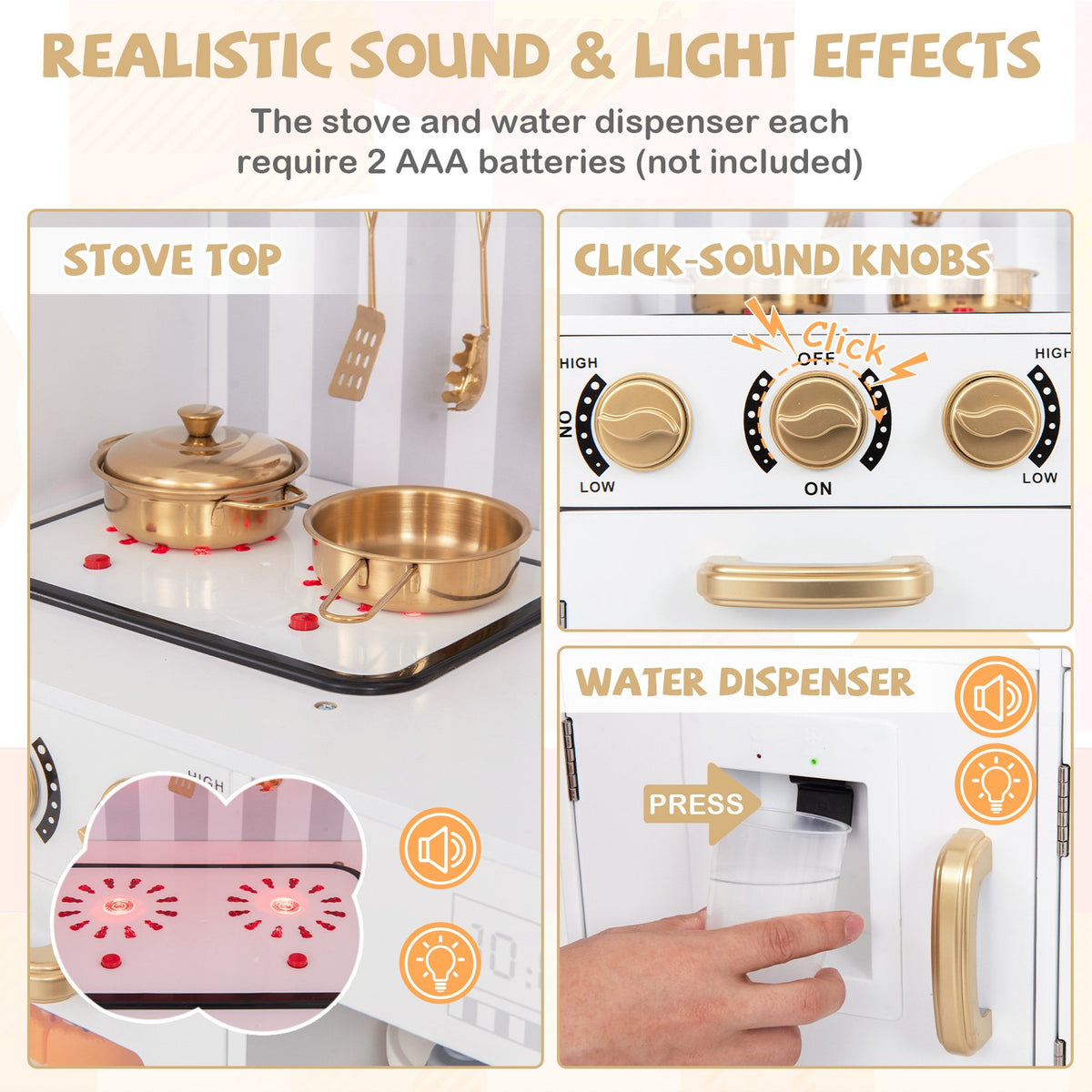 Pretend Play Kitchen for Kids with Real Sounds and Lights-White view 7