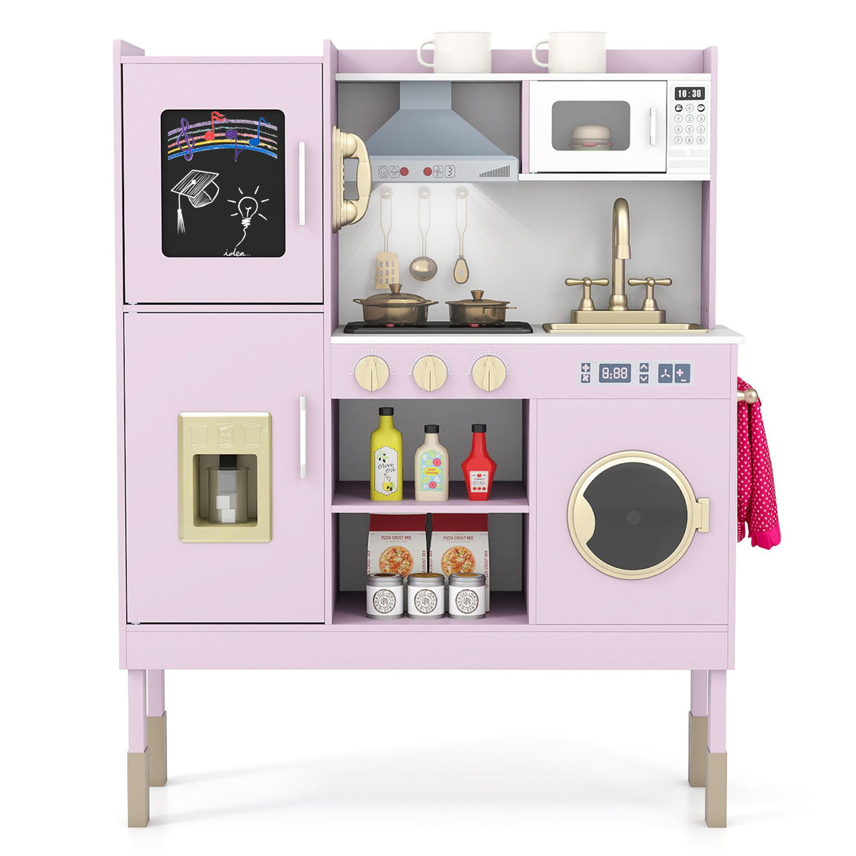 Pretend Play Kitchen Toy Kitchen Playset with Range Hood Ice Maker and Telephone-Light Pink