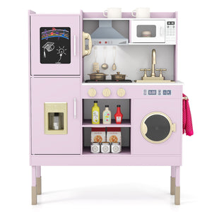 Pretend Play Kitchen Toy Kitchen Playset with Range Hood Ice Maker and Telephone-Light Pink