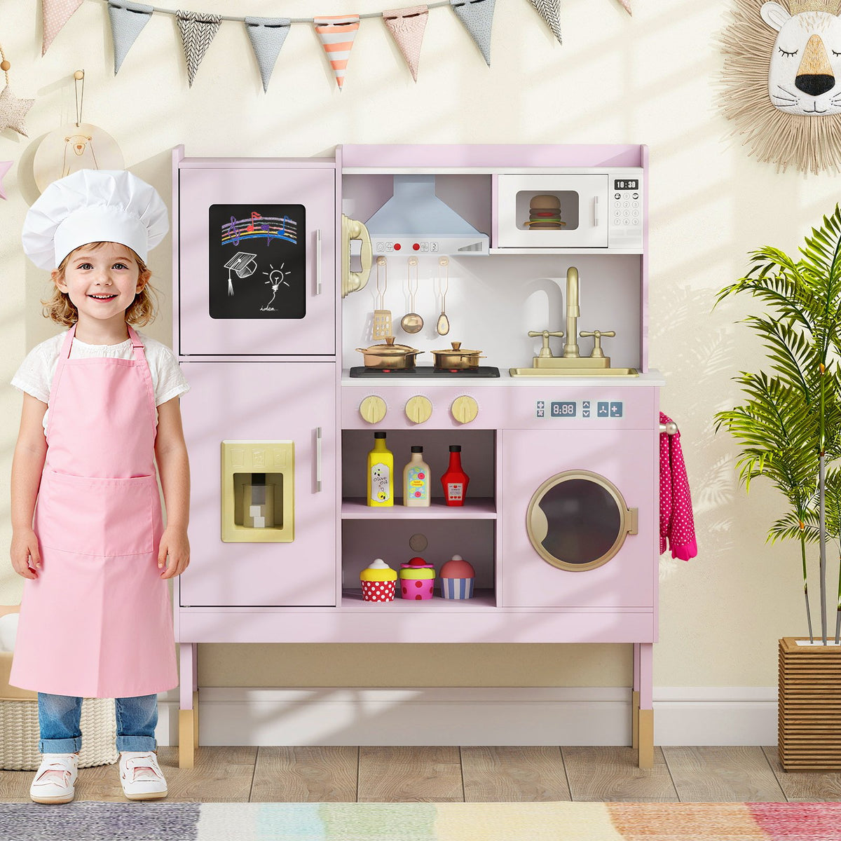 Pretend Play Kitchen Toy Kitchen Playset with Range Hood Ice Maker and Telephone-Light Pink view 2
