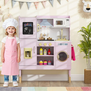 Pretend Play Kitchen Toy Kitchen Playset with Range Hood Ice Maker and Telephone-Light Pink view 2