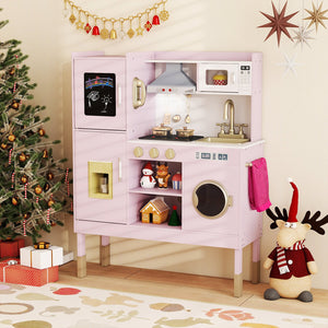 Pretend Play Kitchen Toy Kitchen Playset with Range Hood Ice Maker and Telephone-Light Pink view 3