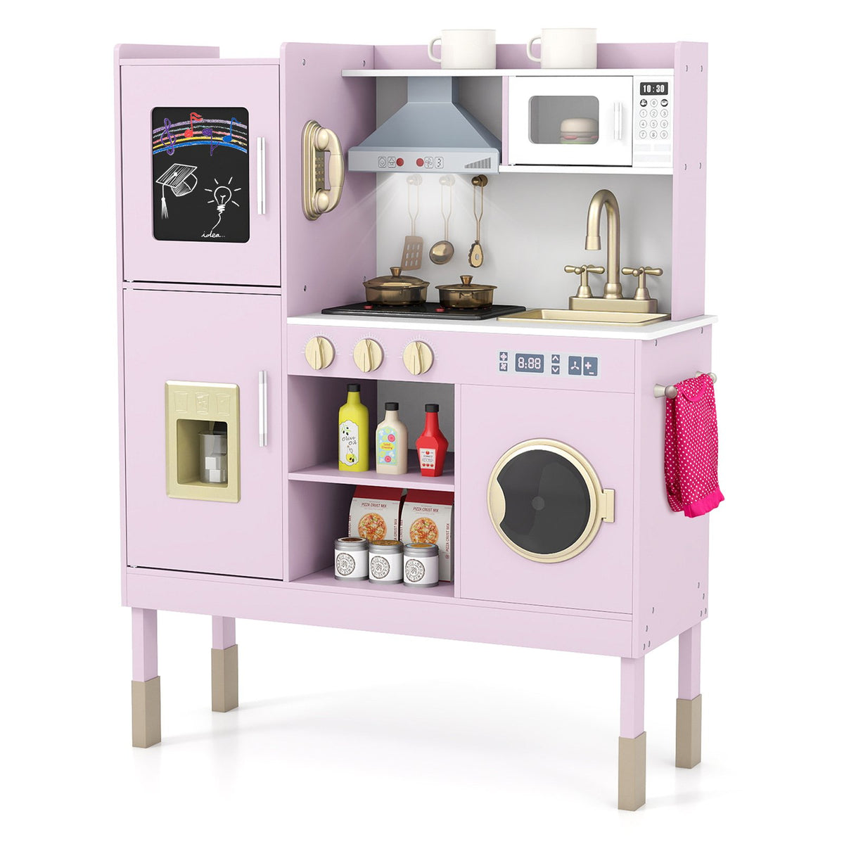 Pretend Play Kitchen Toy Kitchen Playset with Range Hood Ice Maker and Telephone-Light Pink view 4