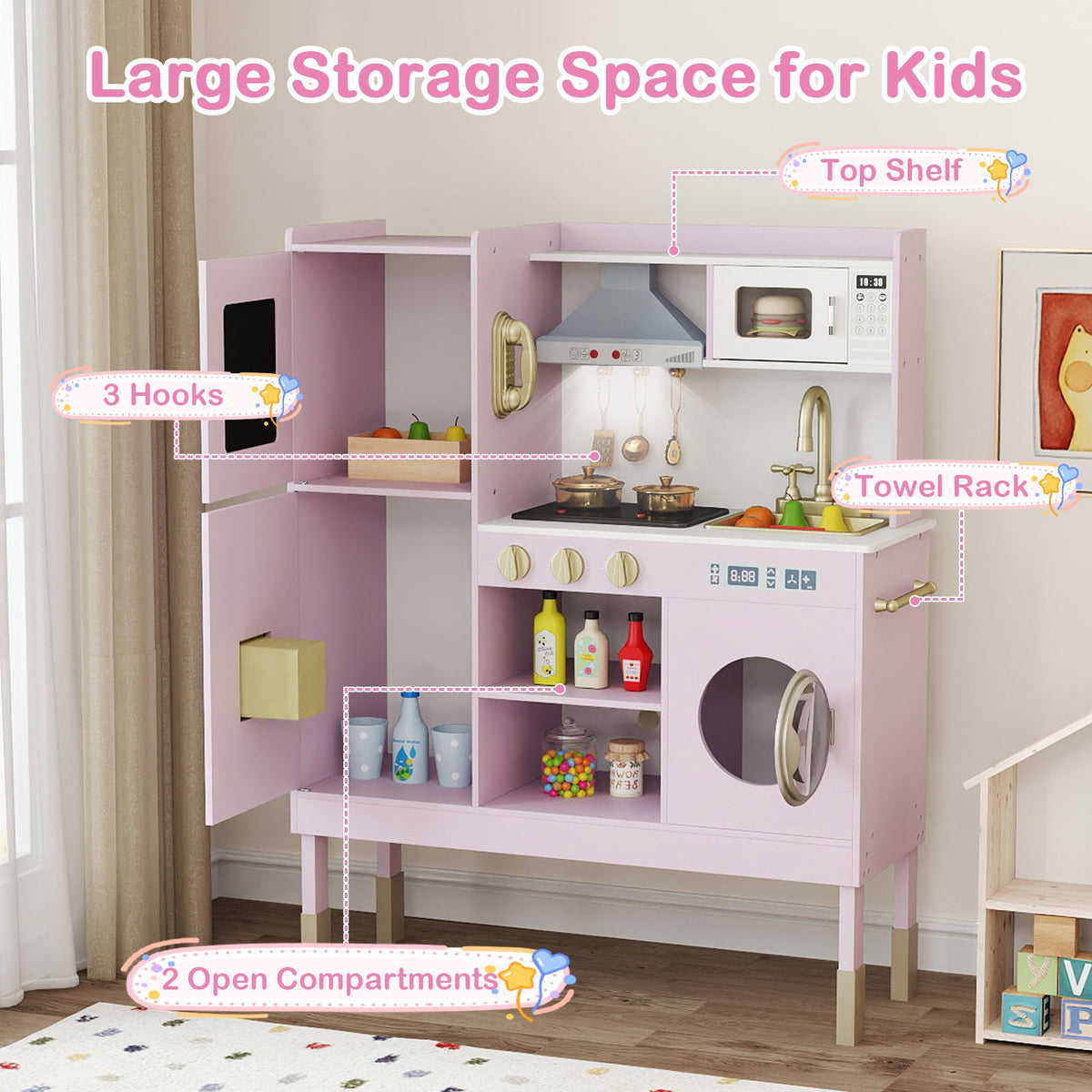Pretend Play Kitchen Toy Kitchen Playset with Range Hood Ice Maker and Telephone-Light Pink view 7