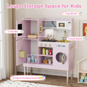 Pretend Play Kitchen Toy Kitchen Playset with Range Hood Ice Maker and Telephone-Light Pink view 7