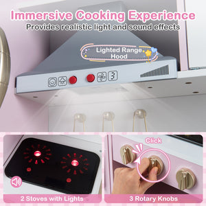 Pretend Play Kitchen Toy Kitchen Playset with Range Hood Ice Maker and Telephone-Light Pink view 8