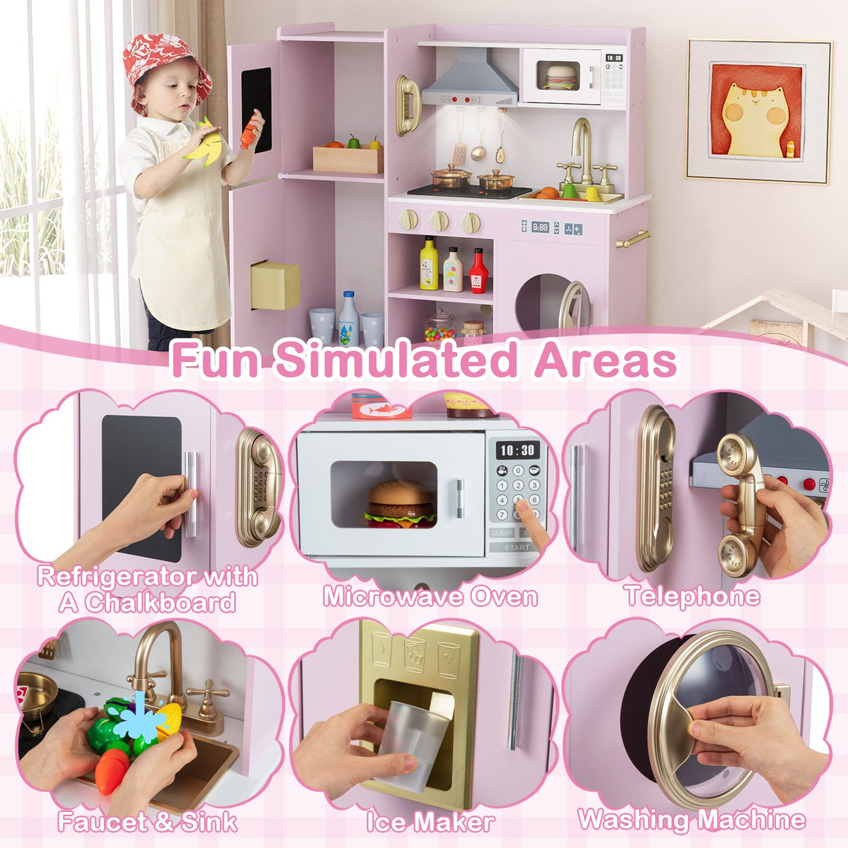 Pretend Play Kitchen Toy Kitchen Playset with Range Hood Ice Maker and Telephone-Light Pink view 9