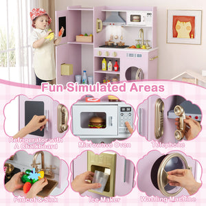 Pretend Play Kitchen Toy Kitchen Playset with Range Hood Ice Maker and Telephone-Light Pink view 9