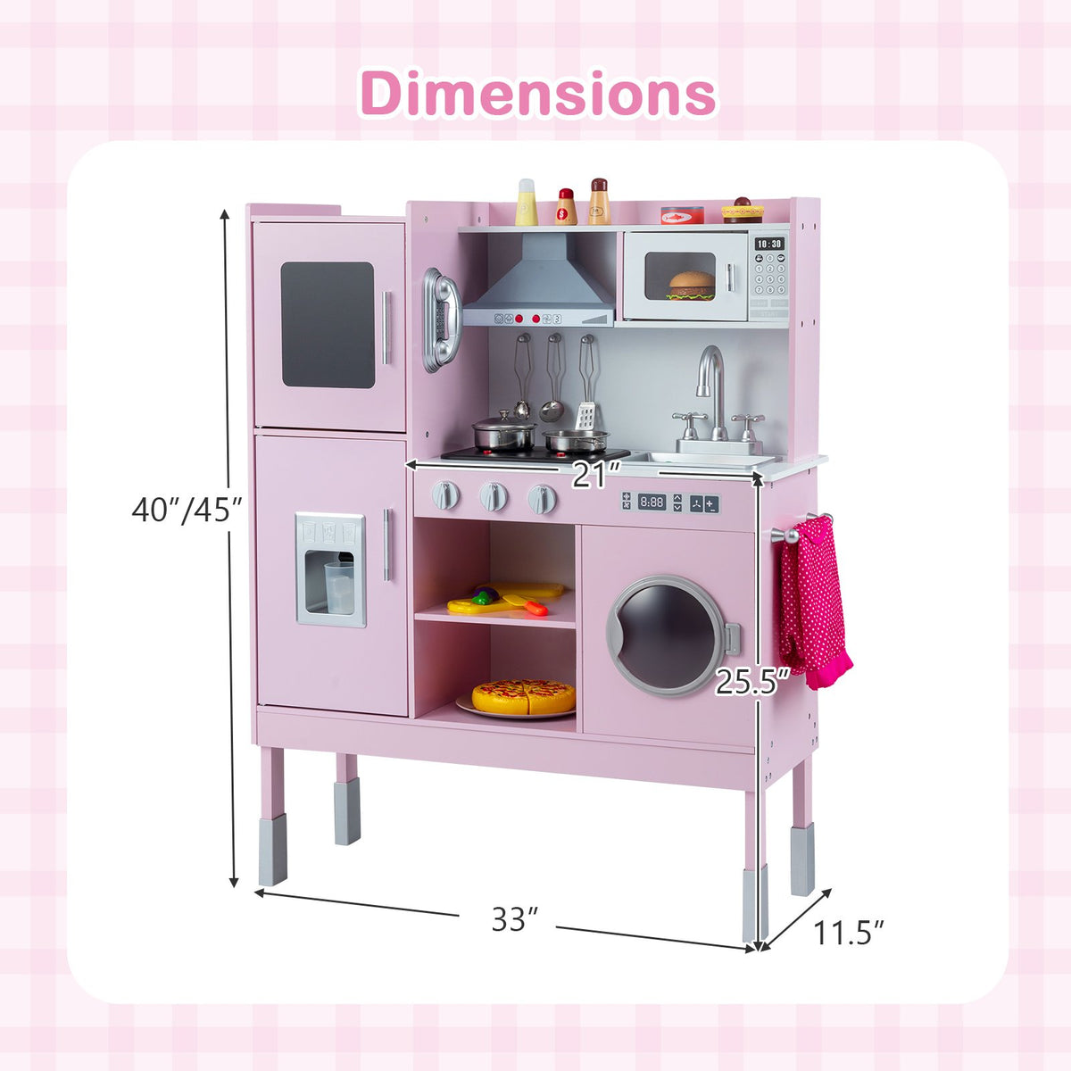 Pretend Play Kitchen Toy Kitchen Playset with Range Hood Ice Maker and Telephone-Pink view 5