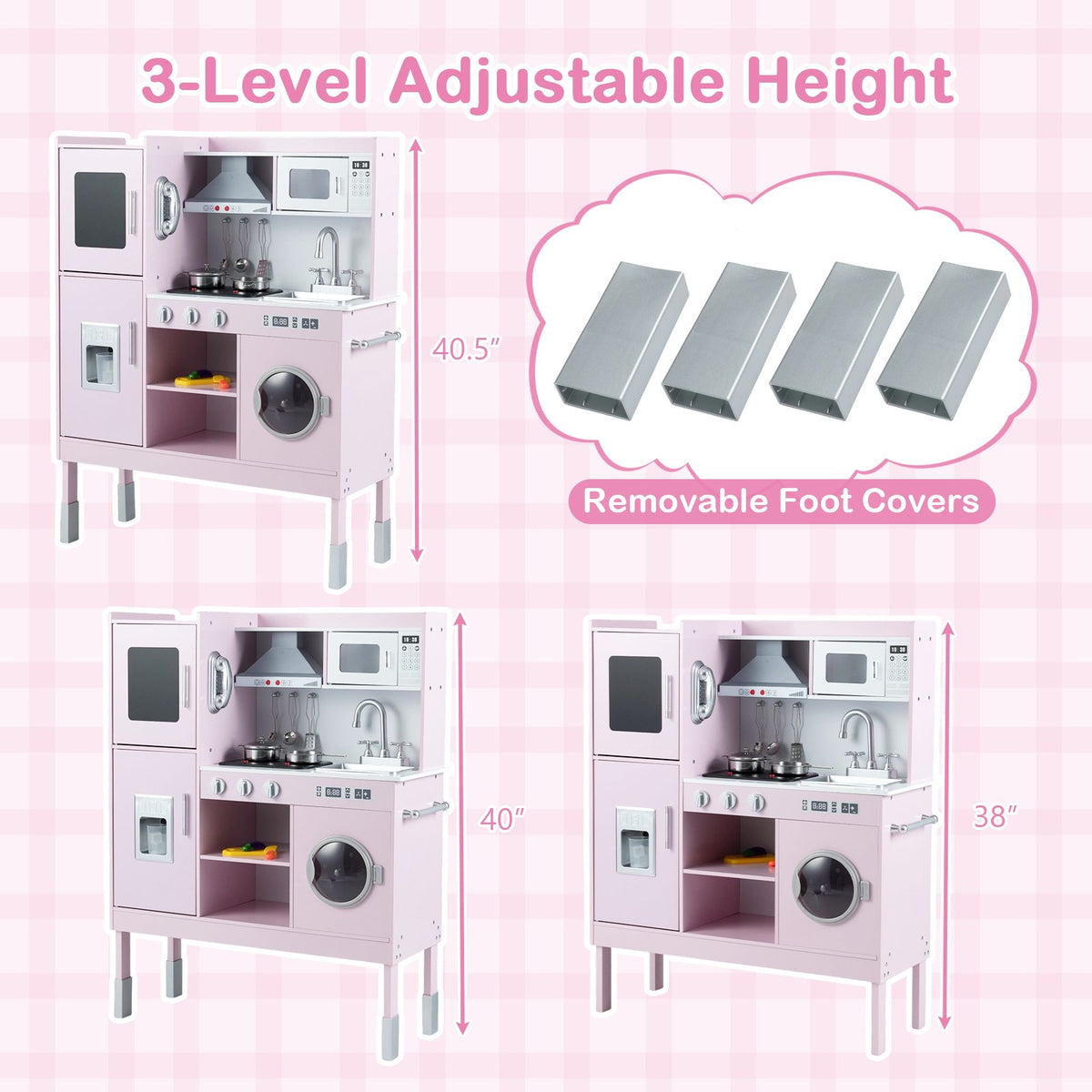Pretend Play Kitchen Toy Kitchen Playset with Range Hood Ice Maker and Telephone-Pink view 6