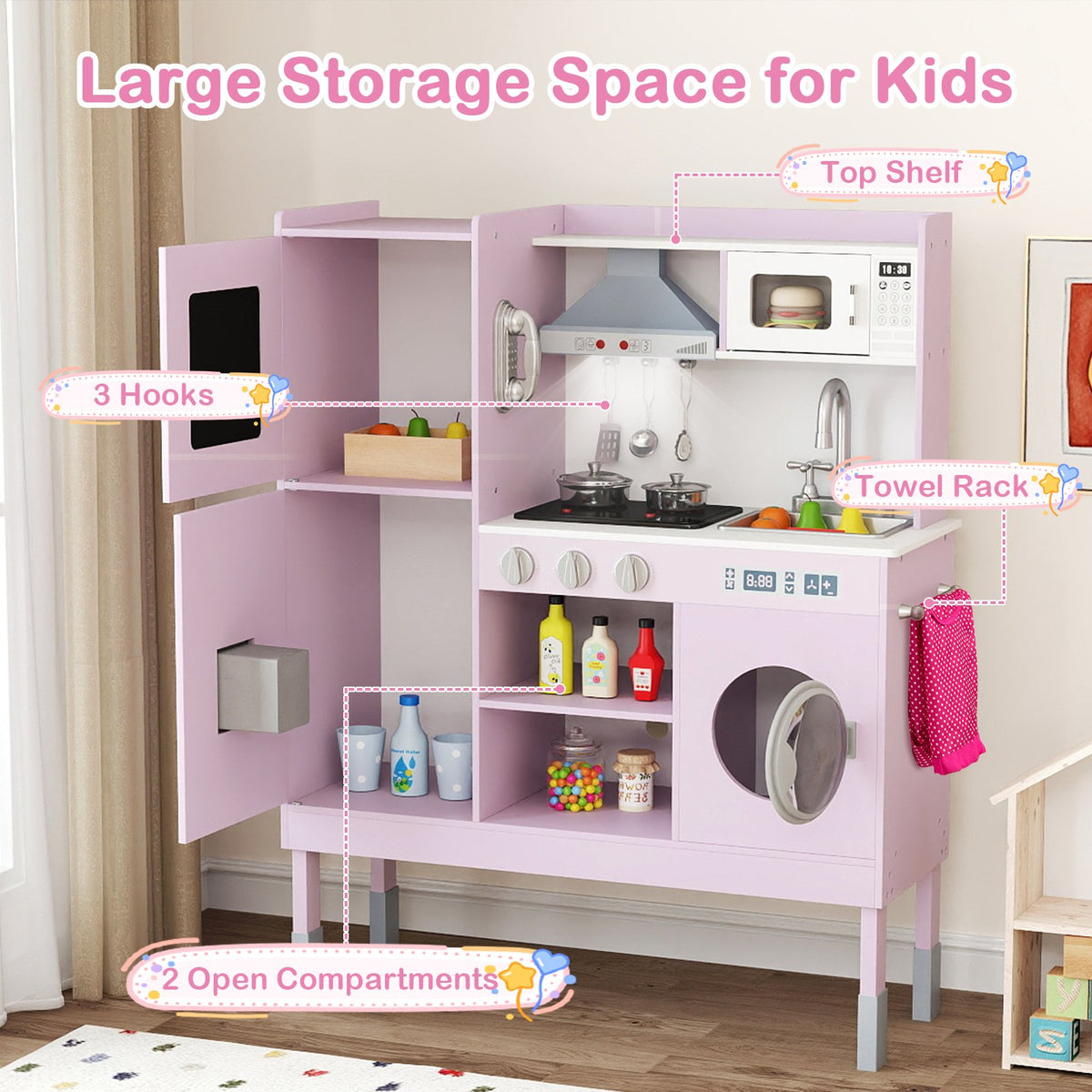 Pretend Play Kitchen Toy Kitchen Playset with Range Hood Ice Maker and Telephone-Pink view 7
