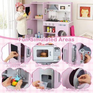 Pretend Play Kitchen Toy Kitchen Playset with Range Hood Ice Maker and Telephone-Pink view 9