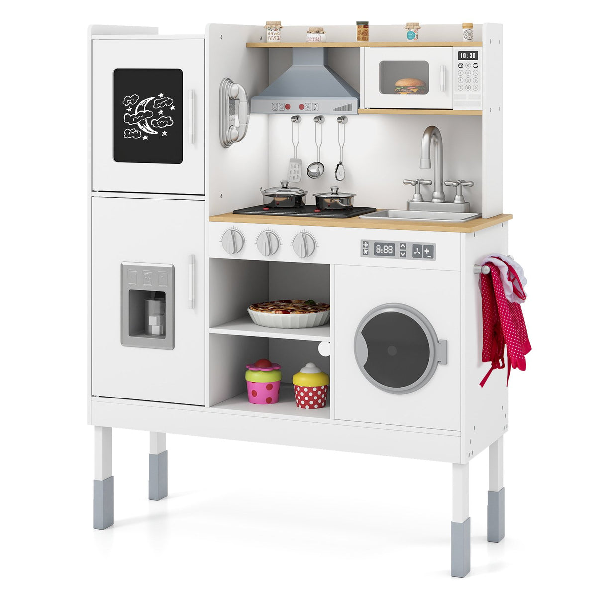 Pretend Play Kitchen Toy Kitchen Playset with Range Hood Ice Maker and Telephone-White