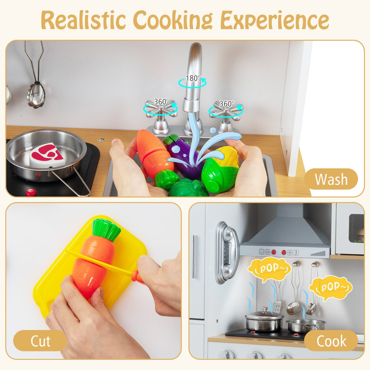 Pretend Play Kitchen Toy Kitchen Playset with Range Hood Ice Maker and Telephone-White view 7