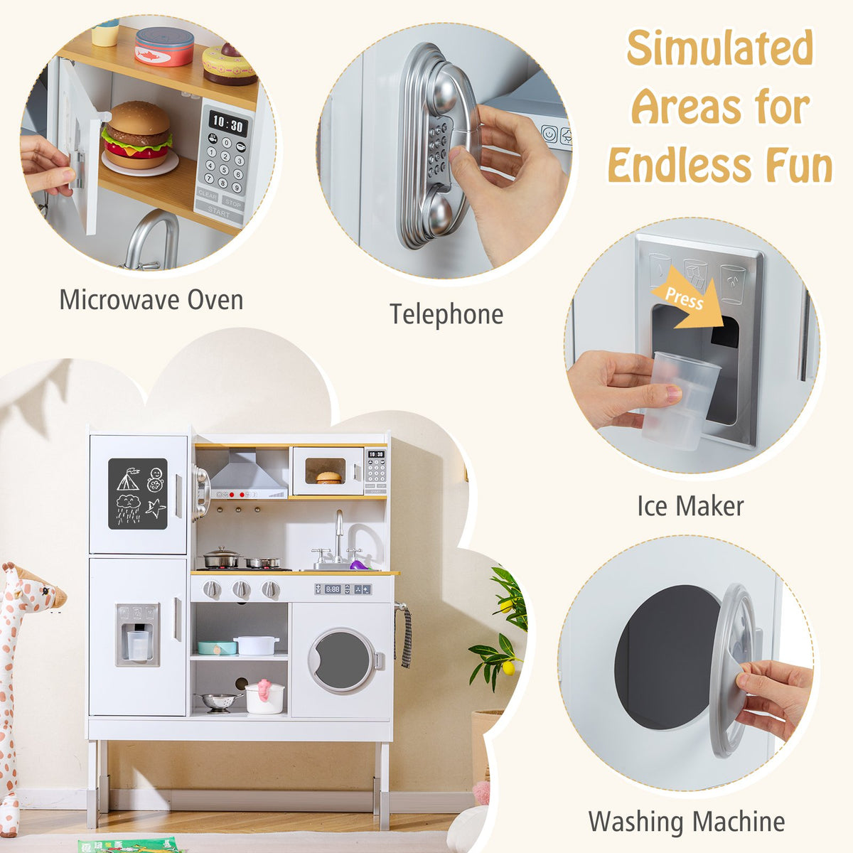 Pretend Play Kitchen Toy Kitchen Playset with Range Hood Ice Maker and Telephone-White view 8