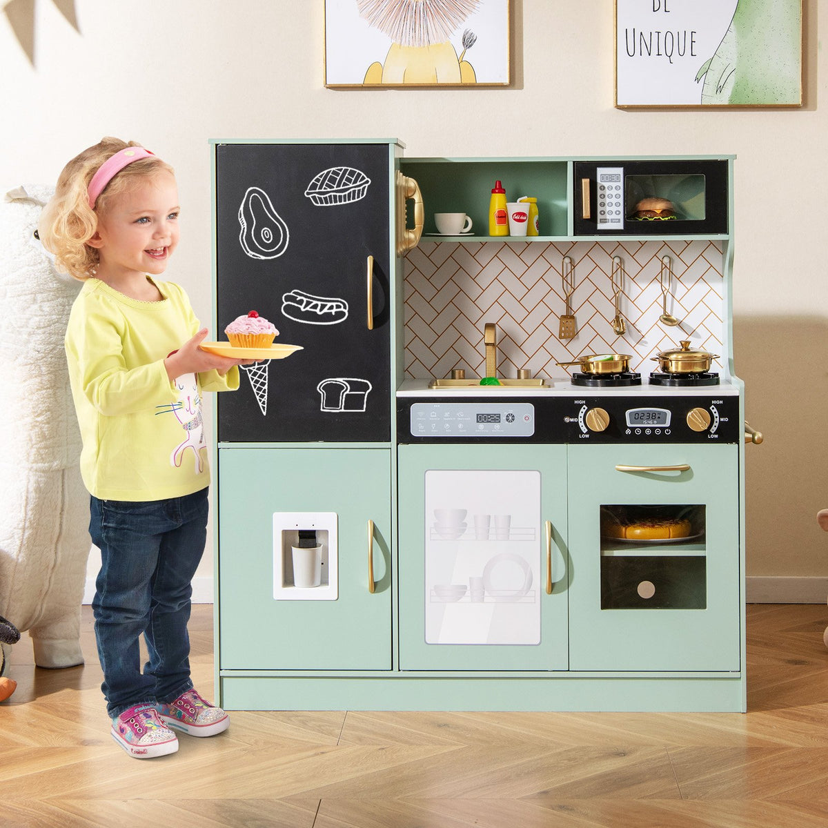 Pretend Play Kitchen with Utensils for Kids Aged 3+-Green view 3