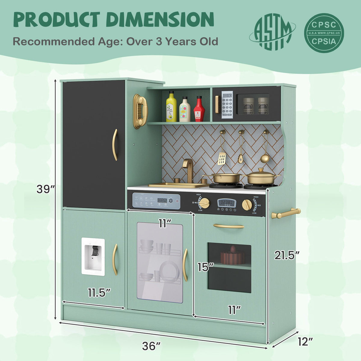 Pretend Play Kitchen with Utensils for Kids Aged 3+-Green view 5