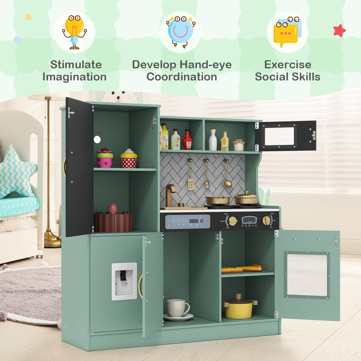 Pretend Play Kitchen with Utensils for Kids Aged 3+-Green view 6