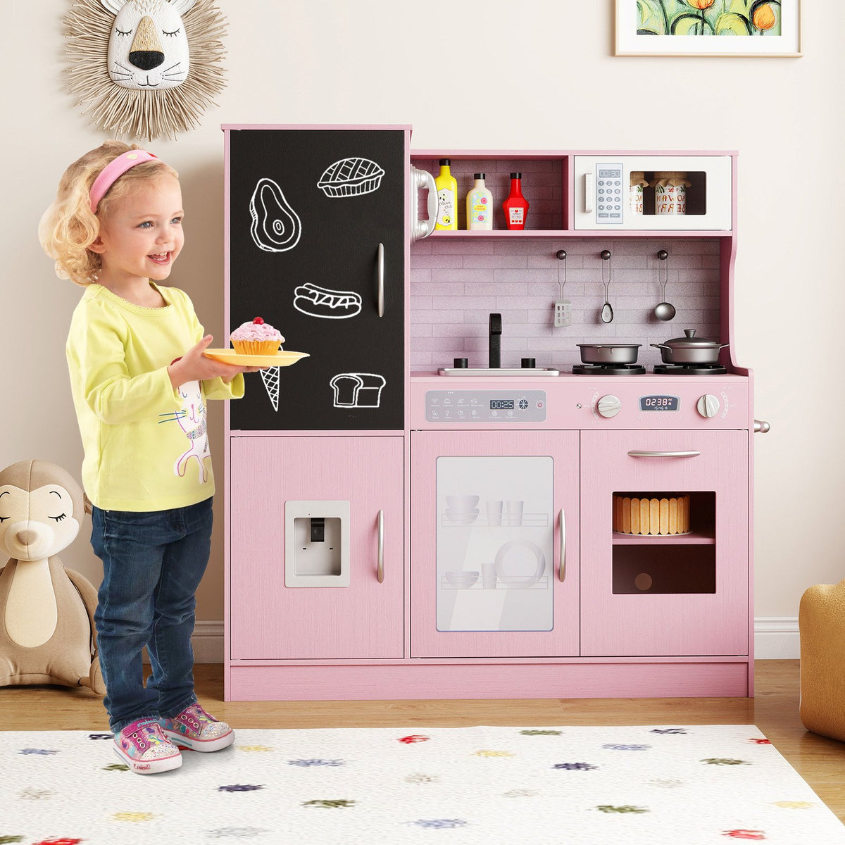 Pretend Play Kitchen with Utensils for Kids Aged 3+-Pink view 2
