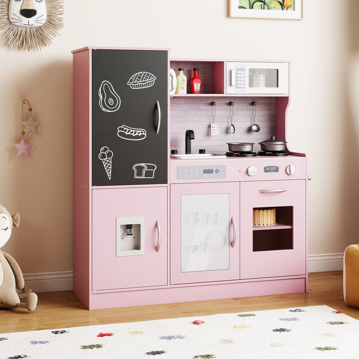 Pretend Play Kitchen with Utensils for Kids Aged 3+-Pink view 3