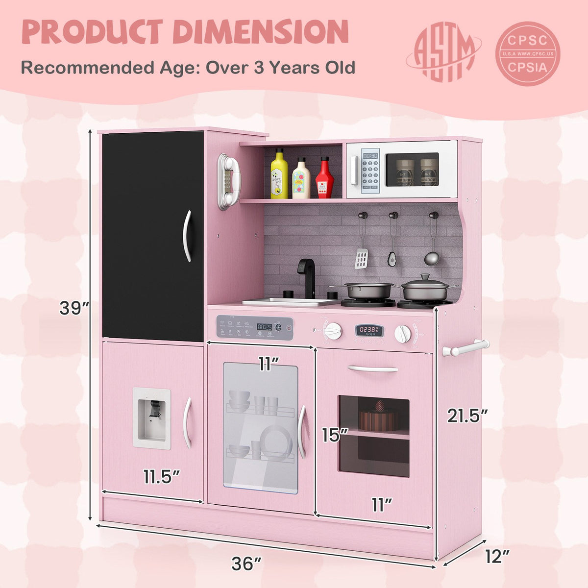Pretend Play Kitchen with Utensils for Kids Aged 3+-Pink view 5