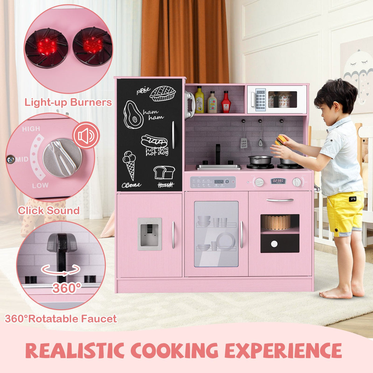 Pretend Play Kitchen with Utensils for Kids Aged 3+-Pink view 7