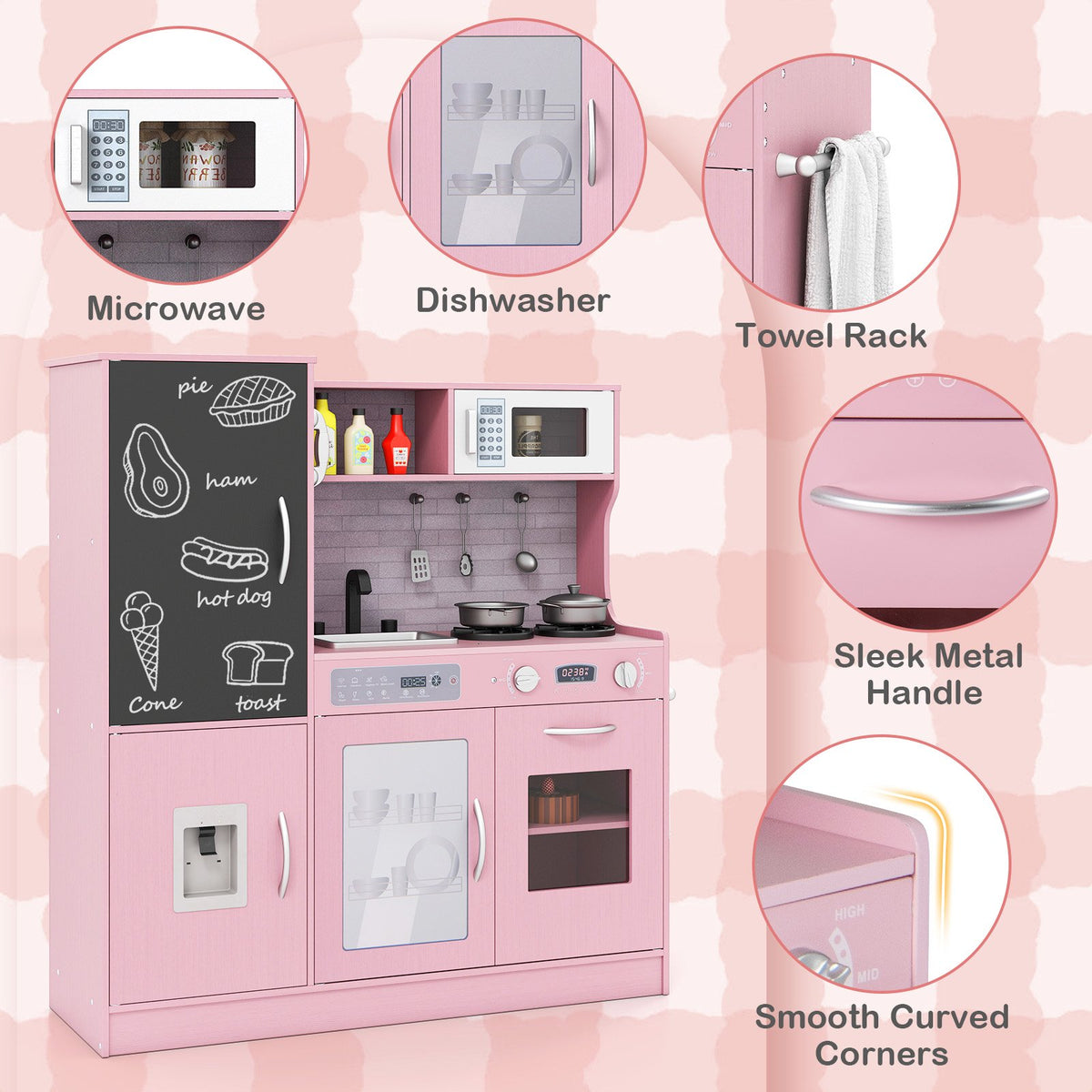 Pretend Play Kitchen with Utensils for Kids Aged 3+-Pink view 8