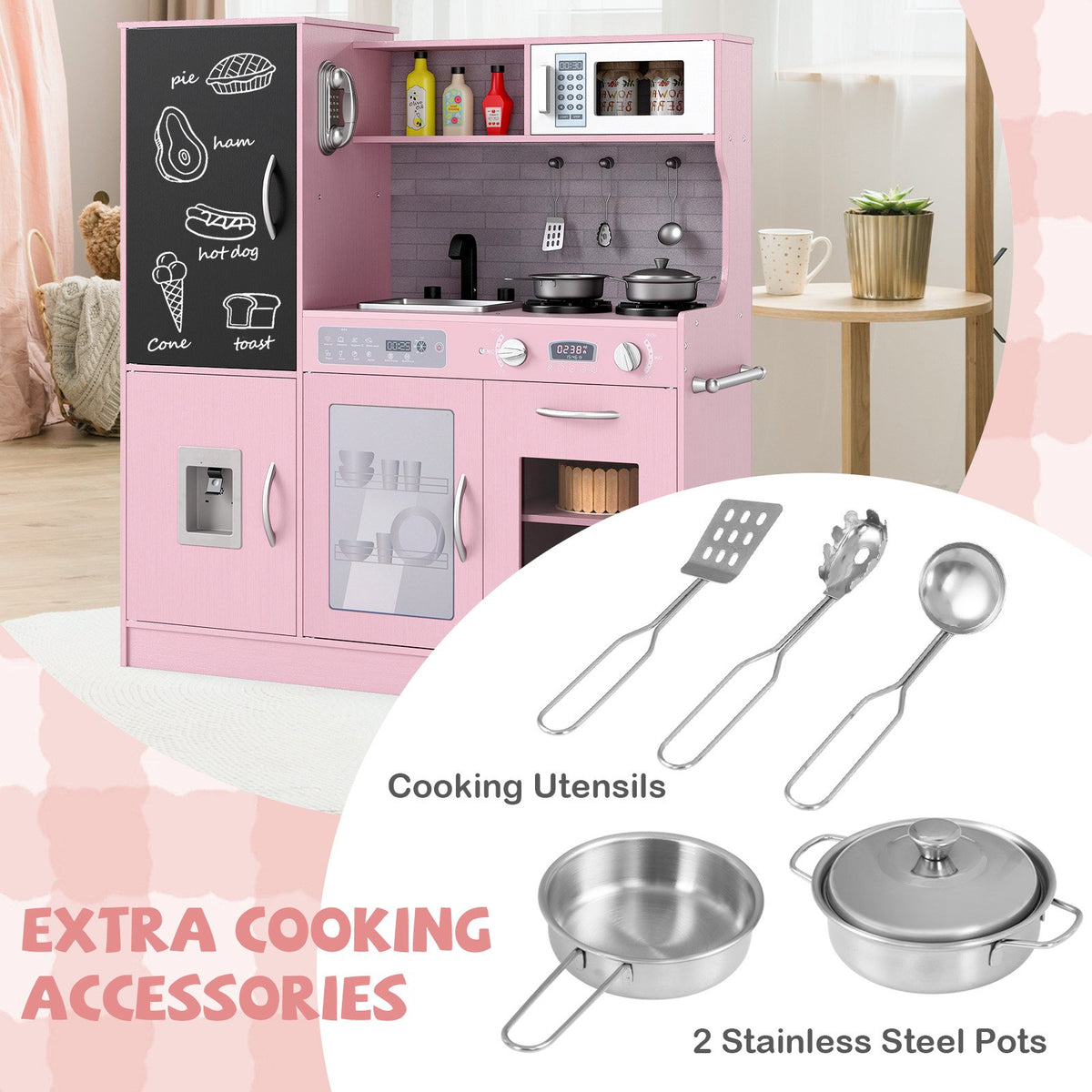 Pretend Play Kitchen with Utensils for Kids Aged 3+-Pink view 9
