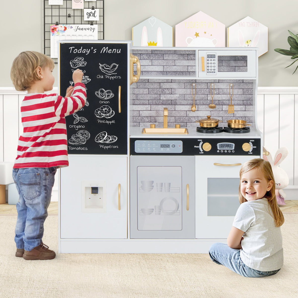 Pretend Play Kitchen with Utensils for Kids Aged 3+-White view 2