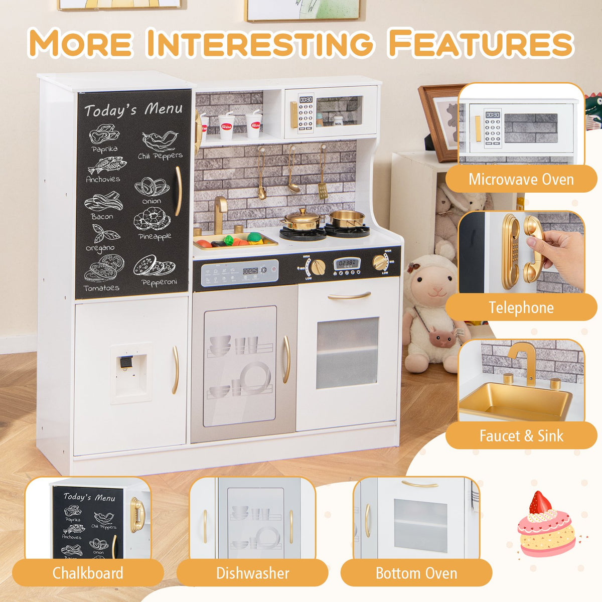 Pretend Play Kitchen with Utensils for Kids Aged 3+-White view 4